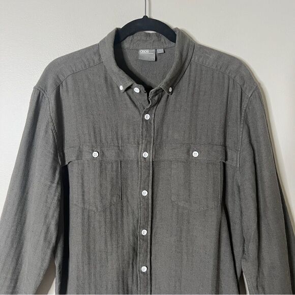 ASOS Men’s Long Sleeve Linen Cotton Blend Green Button Down Shirt Size Large - Picture 4 of 6